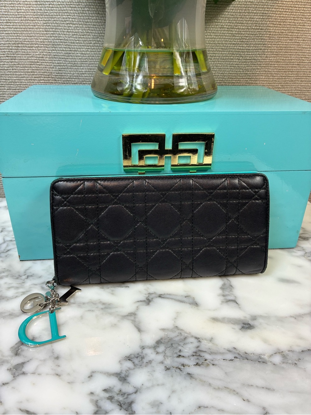 Christian Dior Black Leather Cannage Snap Wallet Teal Interior - Fair Condition